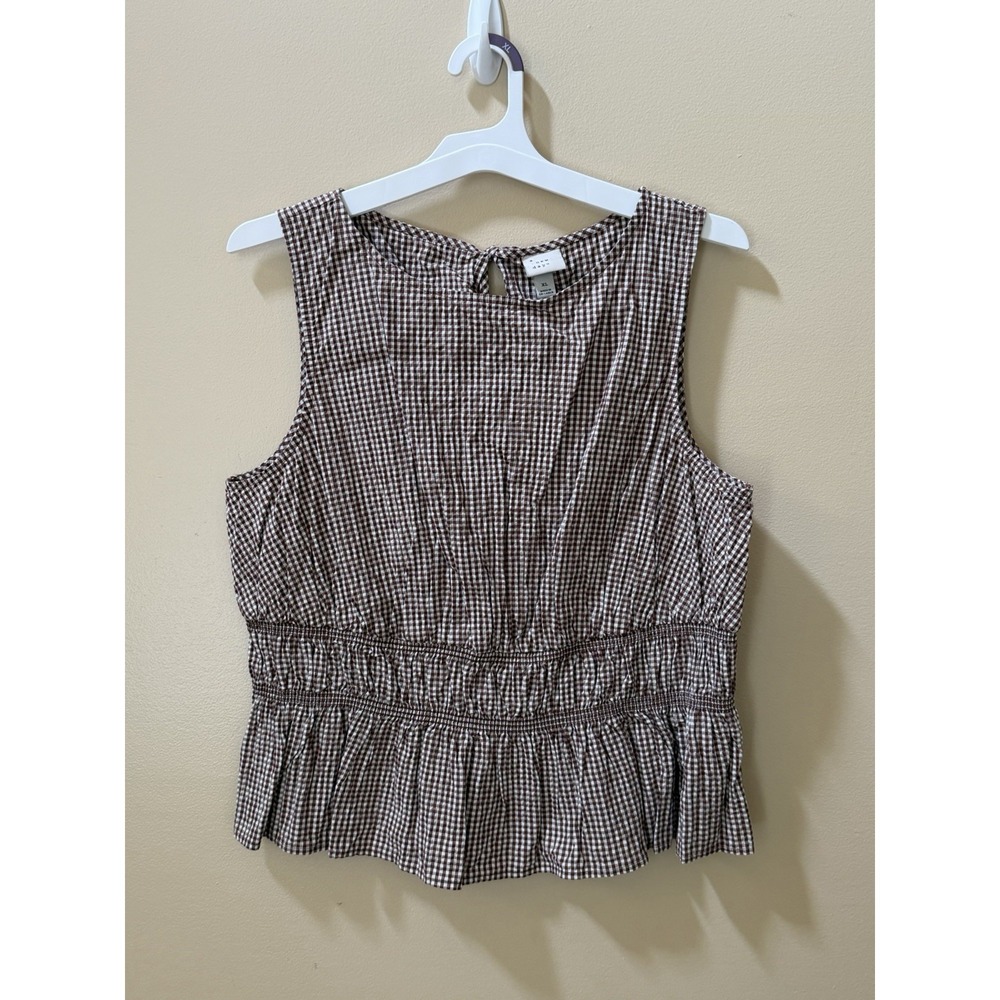 A New Day Women's Seersucker Peplum Top - Brown Gingham Sz: XL NWT